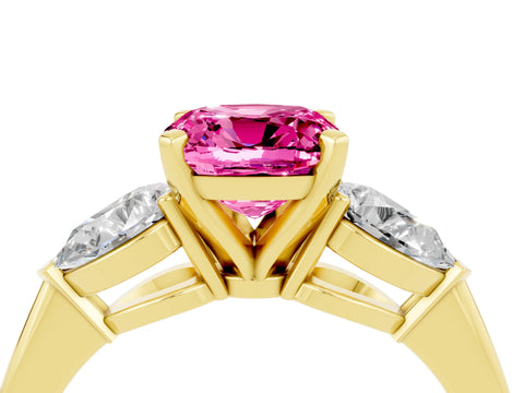 Yellow gold Three-Stone Cushion Cut Pink Sapphire Ring with Pear Side Stones and Four-Prong Setting_28