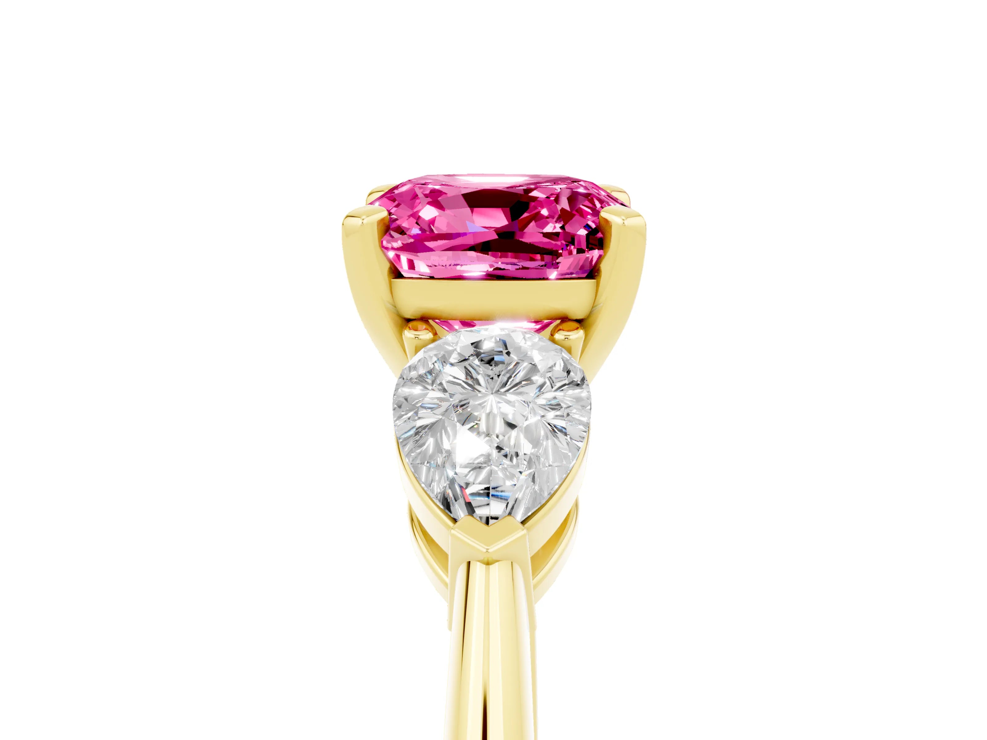 Yellow gold Three-Stone Cushion Cut Pink Sapphire Ring with Pear Side Stones and Four-Prong Setting_29