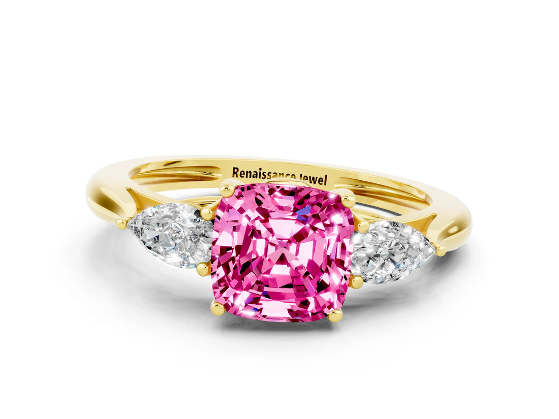Yellow gold Three-Stone Cushion Cut Pink Sapphire Ring with Pear  Side Stones in Four-Prong Setting_12