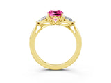 Yellow gold Three-Stone Cushion Cut Pink Sapphire Ring with Pear  Side Stones in Four-Prong Setting_15
