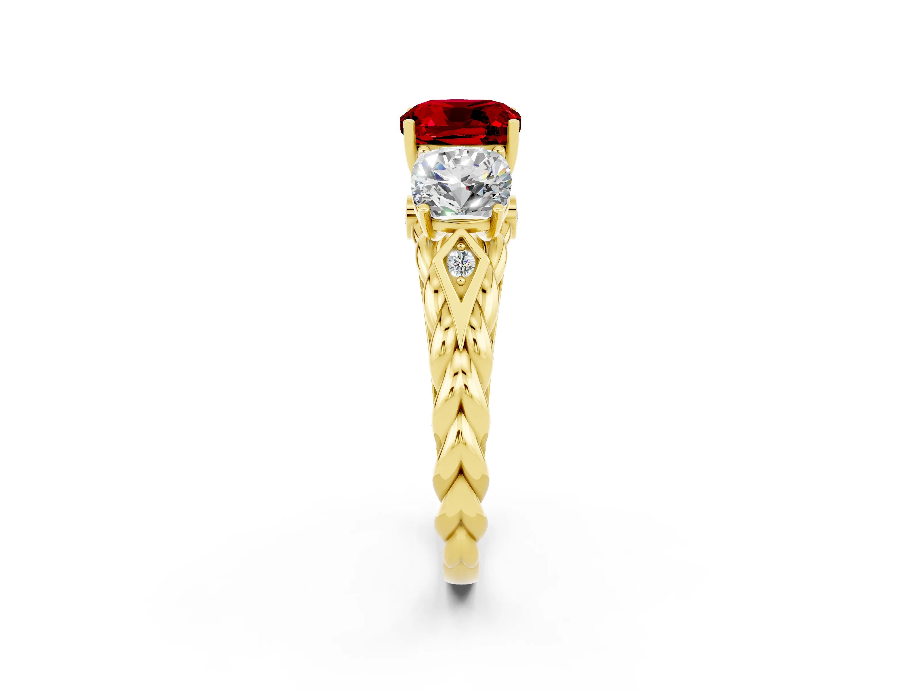 Yellow gold Three-Stone Cushion Cut Ruby Braided Band Ring with Four-Prong Setting_14
