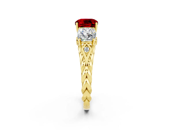 Yellow gold Three-Stone Cushion Cut Ruby Braided Band Ring with Four-Prong Setting