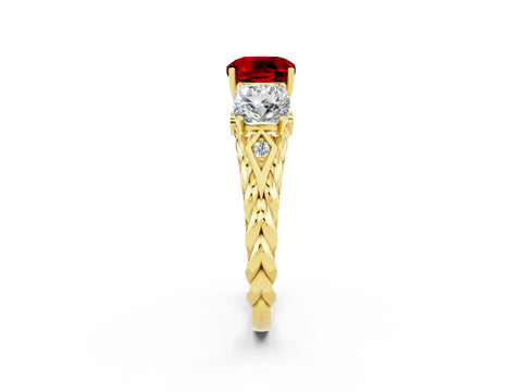 Yellow gold Three-Stone Cushion Cut Ruby Braided Band Ring with Four-Prong Setting_14