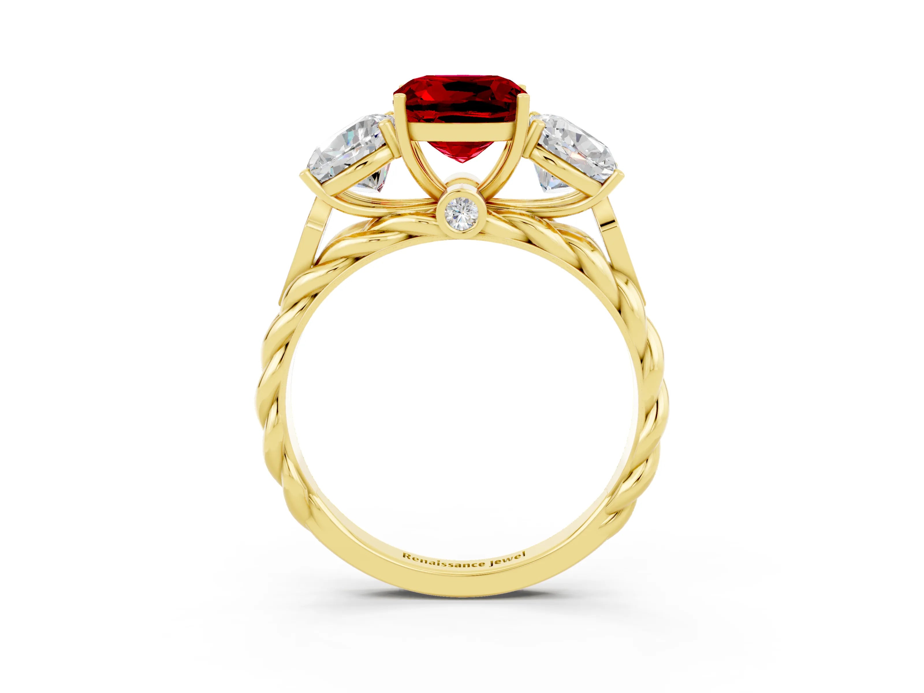 Yellow gold Three-Stone Cushion Cut Ruby Braided Band Ring with Four-Prong Setting_15