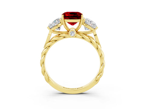Yellow gold Three-Stone Cushion Cut Ruby Braided Band Ring with Four-Prong Setting_15