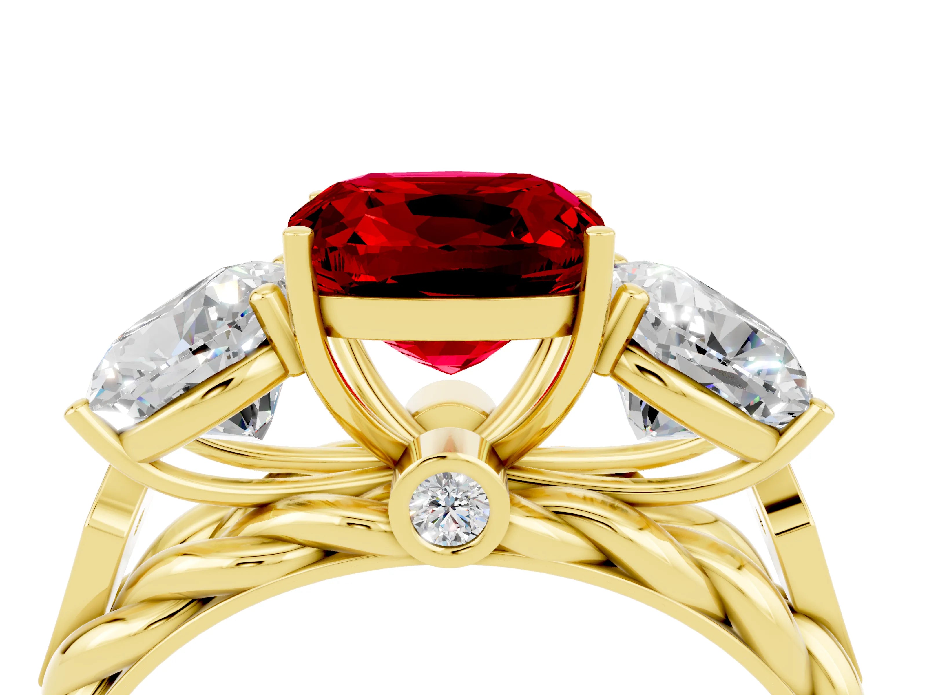 Yellow gold Three-Stone Cushion Cut Ruby Braided Band Ring with Four-Prong Setting_16