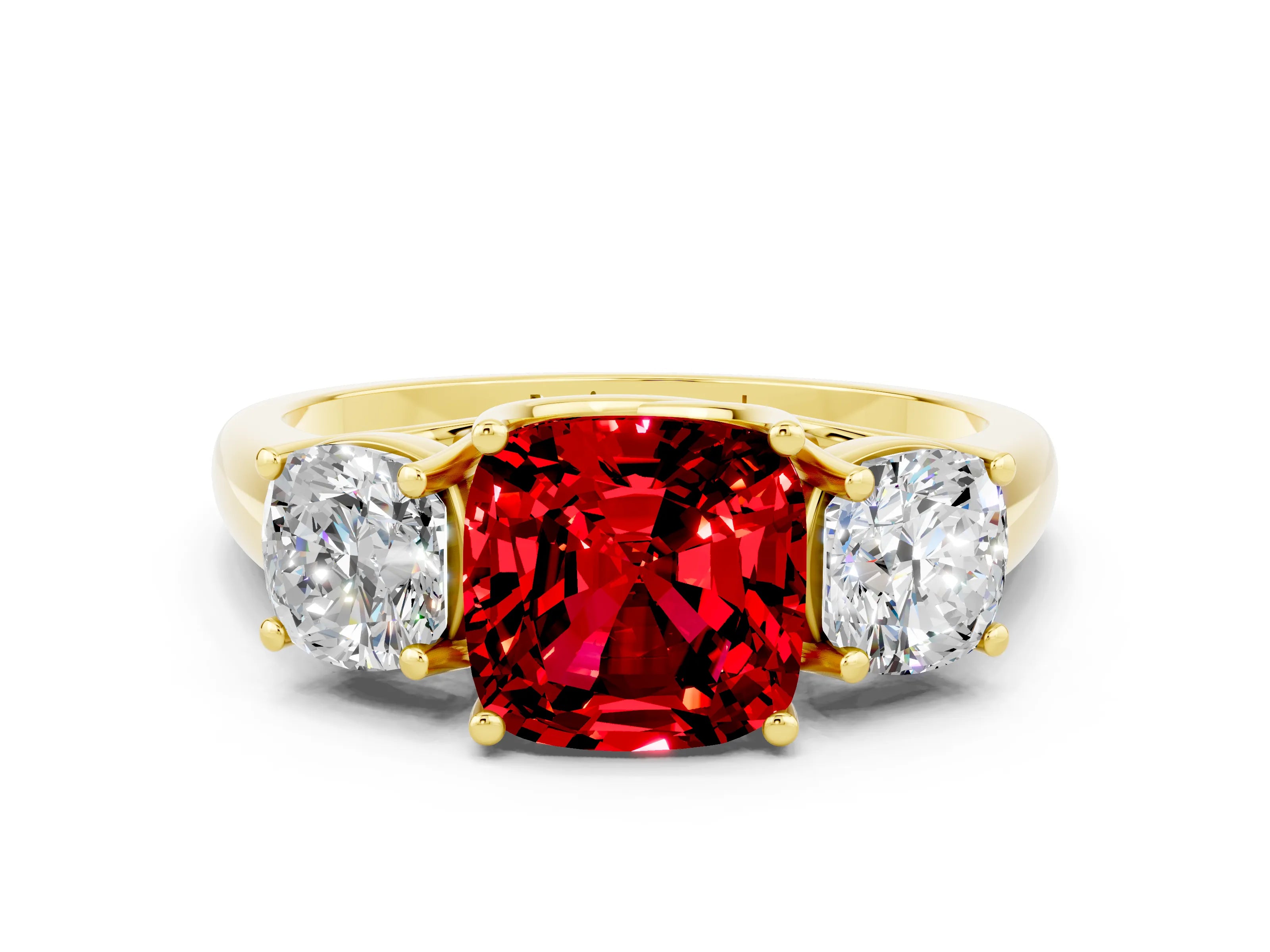 Yellow gold Three-Stone Cushion Cut Ruby Engagement Ring with Prong Setting