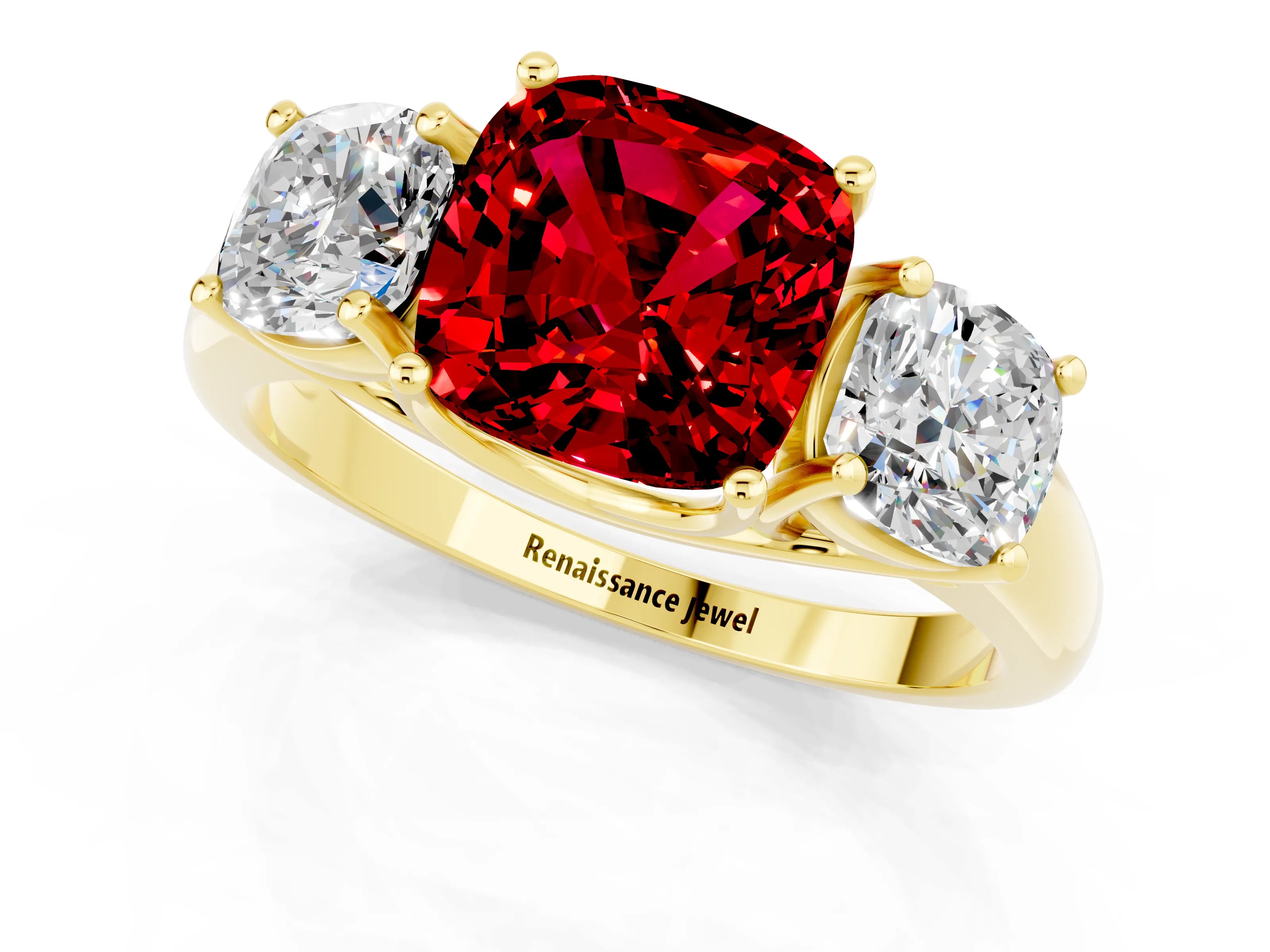 Yellow gold Three-Stone Cushion Cut Ruby Engagement Ring with Prong Setting_1