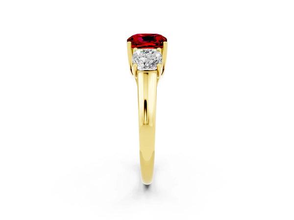 Yellow gold Three-Stone Cushion Cut Ruby Engagement Ring with Prong Setting