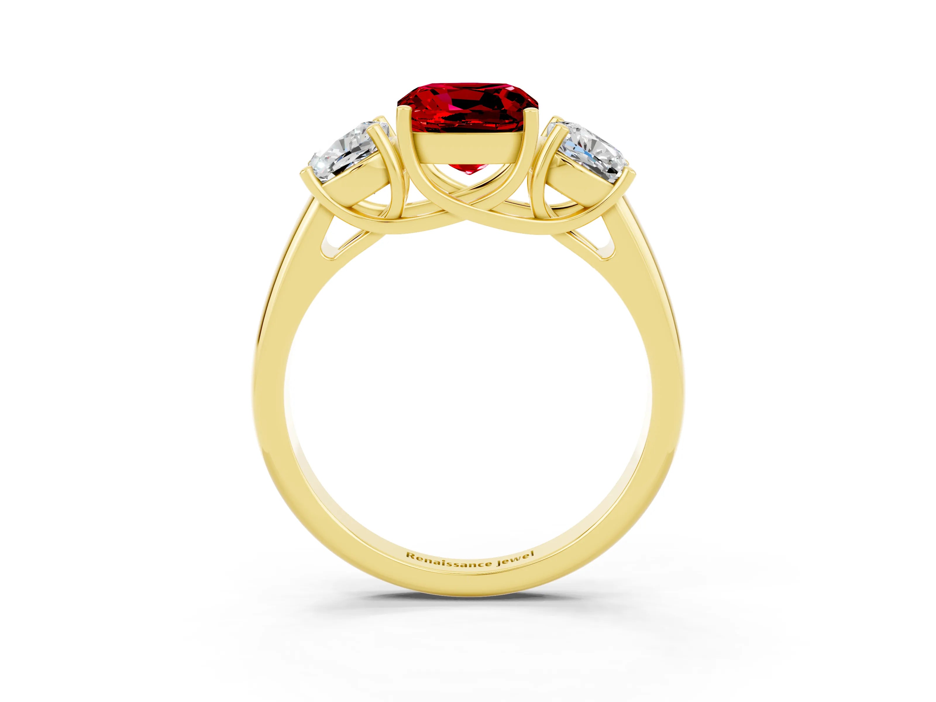 Yellow gold Three-Stone Cushion Cut Ruby Engagement Ring with Prong Setting_3