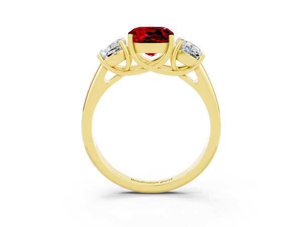 Yellow gold Three-Stone Cushion Cut Ruby Engagement Ring with Prong Setting