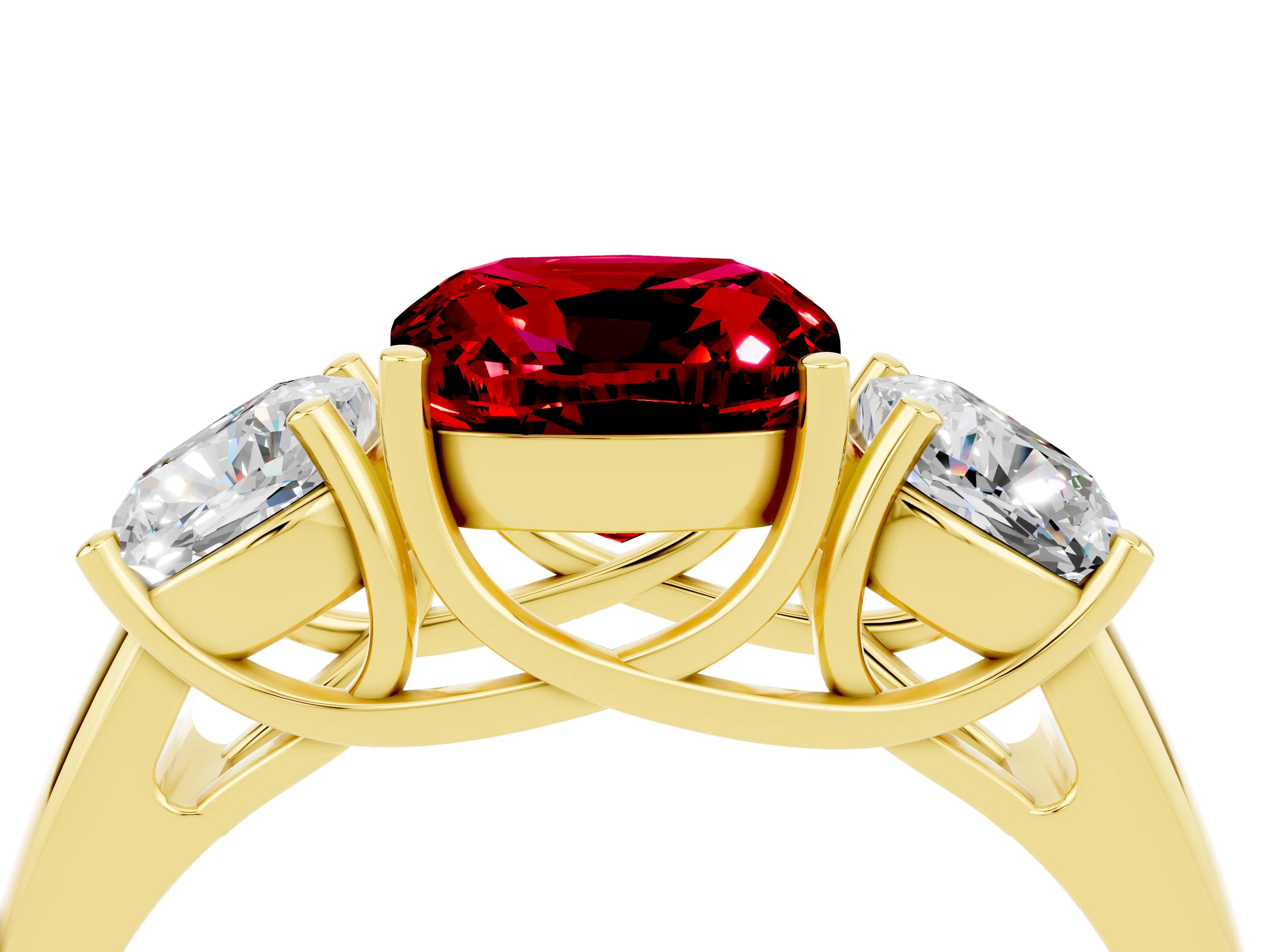 Yellow gold Three-Stone Cushion Cut Ruby Engagement Ring with Prong Setting_4