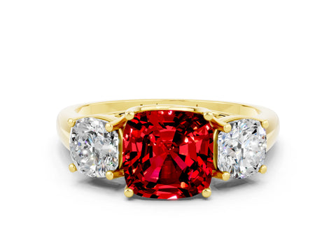Yellow gold Three-Stone Cushion Cut Ruby Engagement Ring with Prong Setting