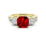 Yellow gold Three-Stone Cushion Cut Ruby Pavé Band with Four-Prong Setting