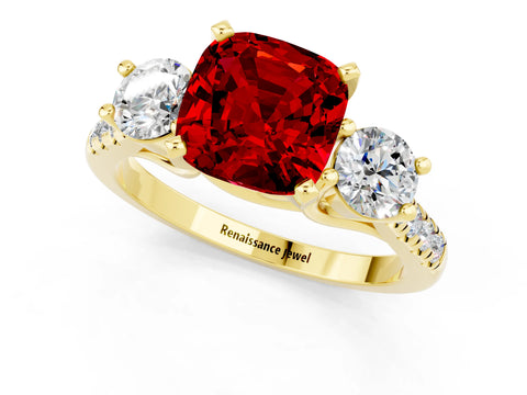 Yellow gold Three-Stone Cushion Cut Ruby Pavé Band with Four-Prong Setting_1