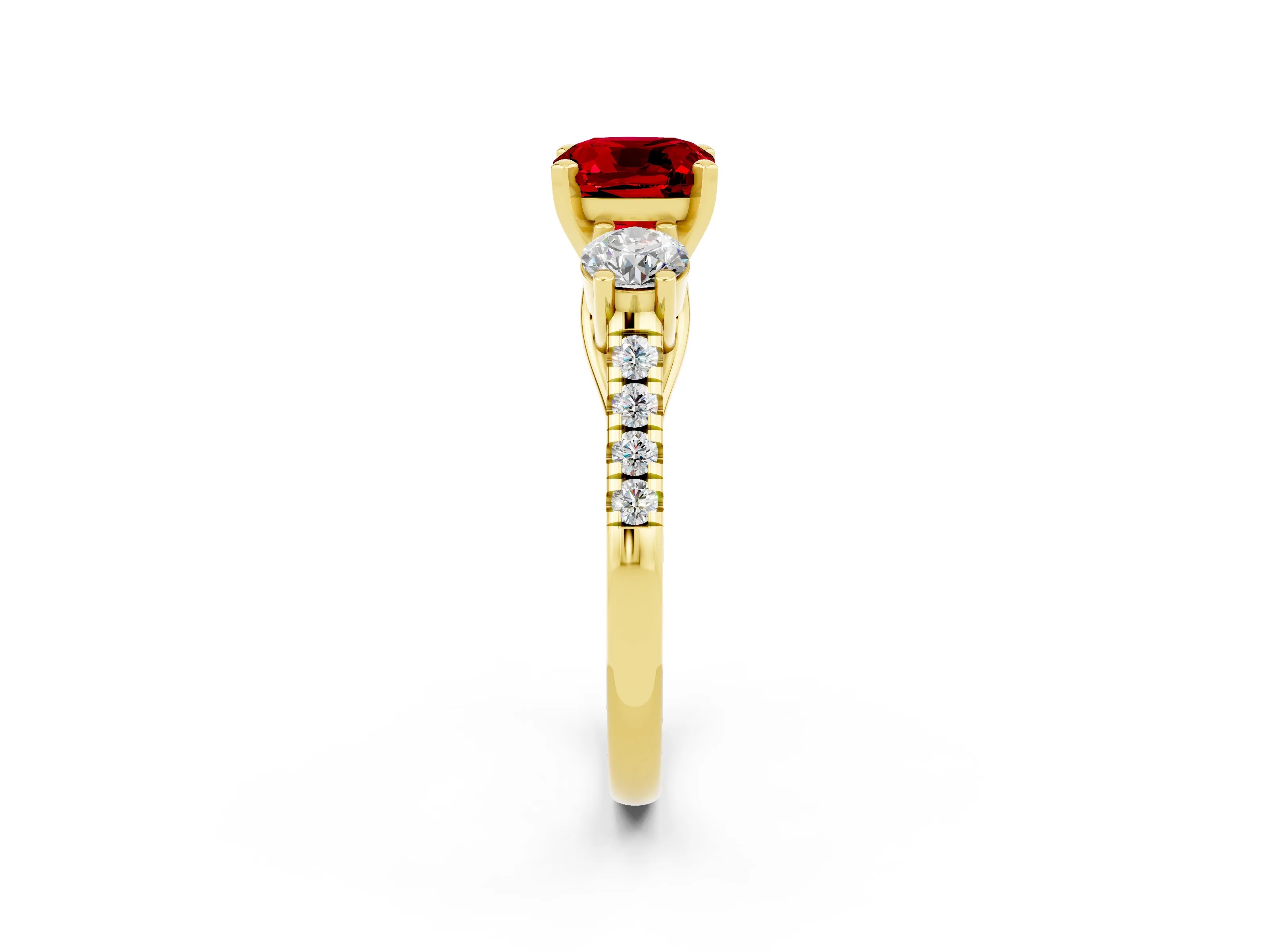 Yellow gold Three-Stone Cushion Cut Ruby Pavé Band with Four-Prong Setting_2