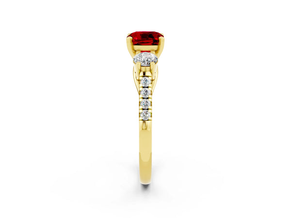 Yellow gold Three-Stone Cushion Cut Ruby Pavé Band with Four-Prong Setting