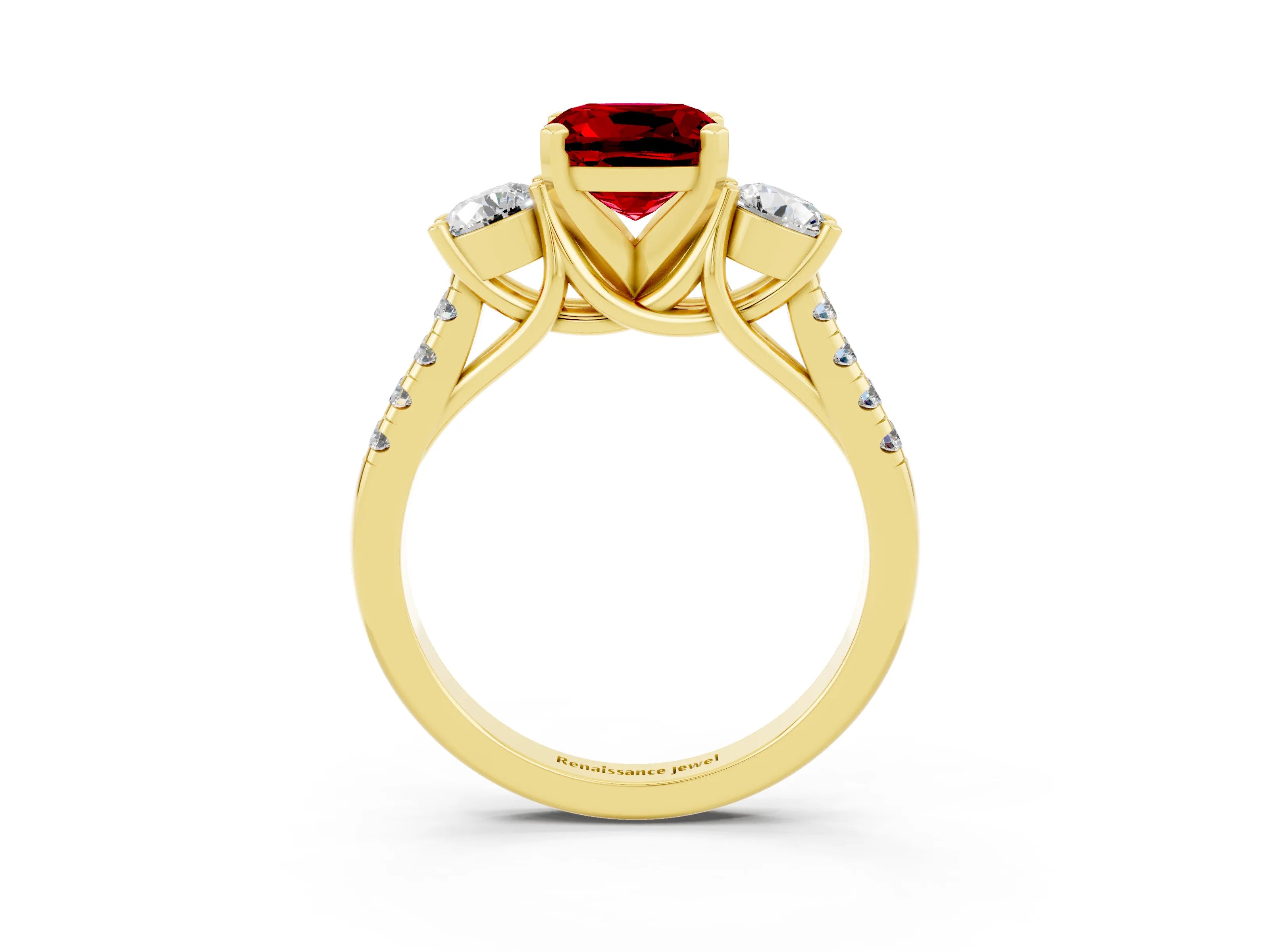 Yellow gold Three-Stone Cushion Cut Ruby Pavé Band with Four-Prong Setting_3