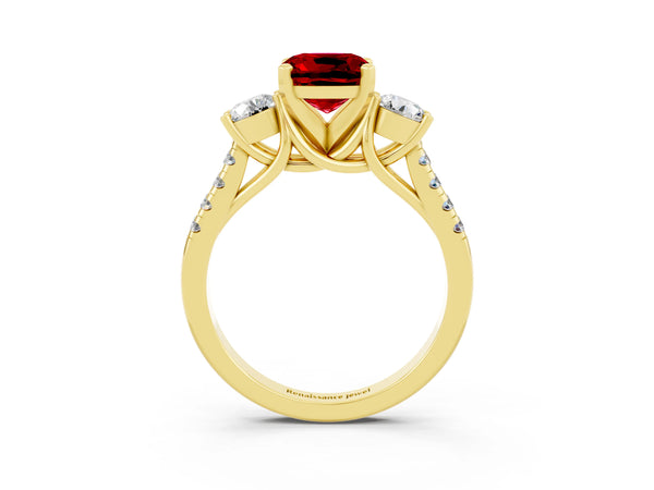 Yellow gold Three-Stone Cushion Cut Ruby Pavé Band with Four-Prong Setting