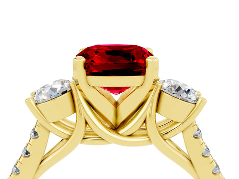 Yellow gold Three-Stone Cushion Cut Ruby Pavé Band with Four-Prong Setting_4