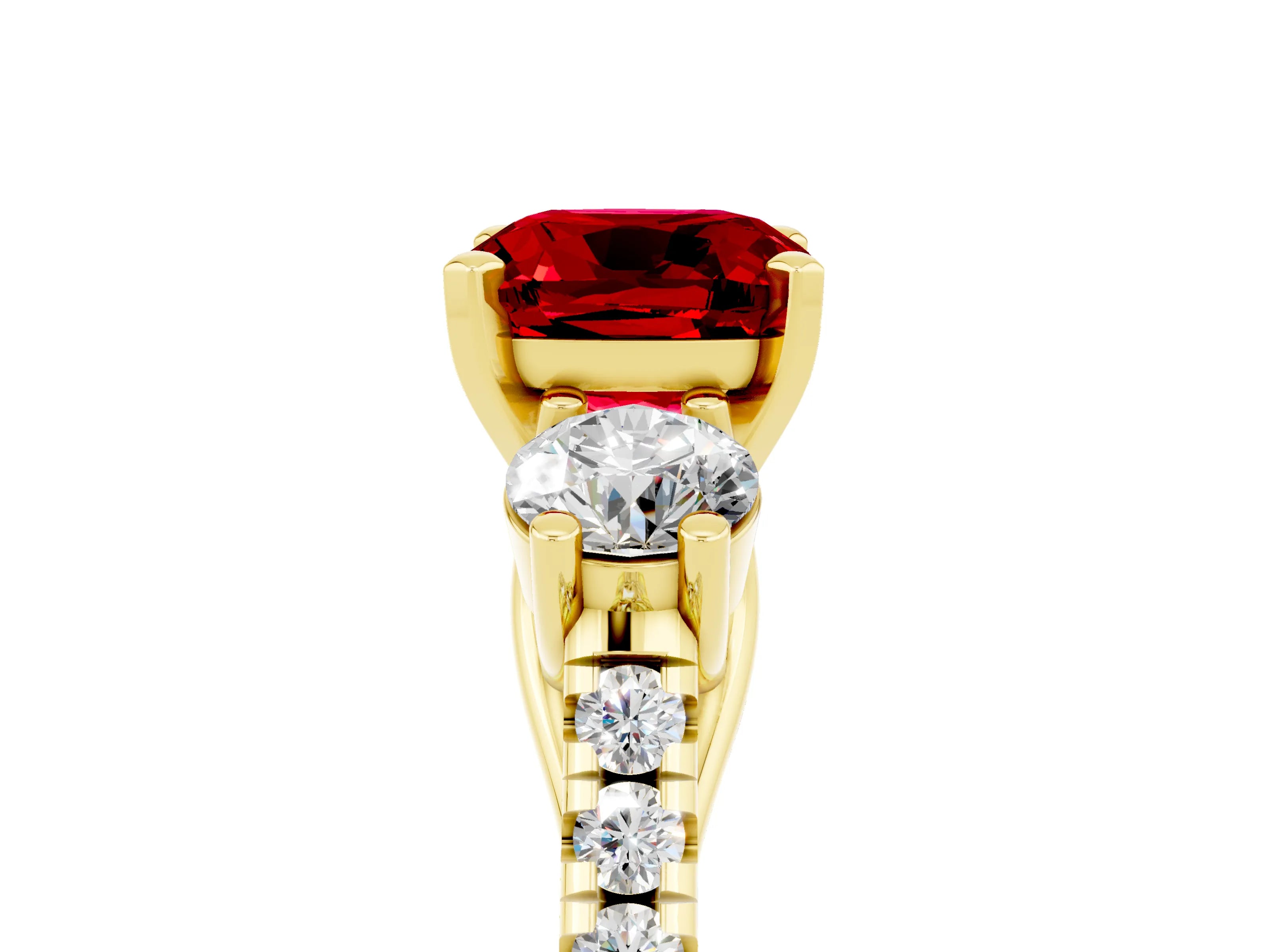 Yellow gold Three-Stone Cushion Cut Ruby Pavé Band with Four-Prong Setting_5