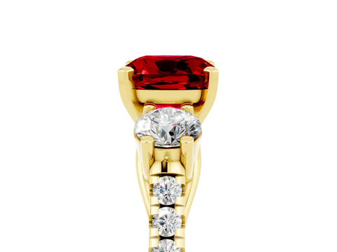 Yellow gold Three-Stone Cushion Cut Ruby Pavé Band with Four-Prong Setting_5