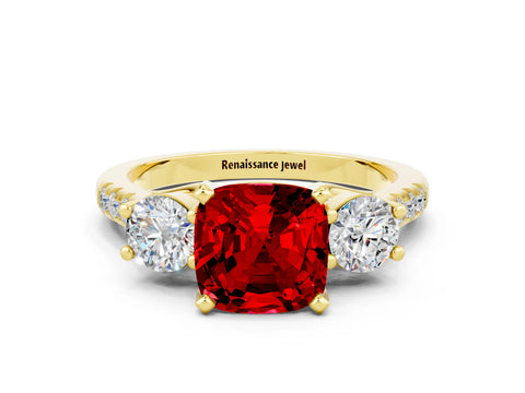 Yellow gold Three-Stone Cushion Cut Ruby Pavé Band with Four-Prong Setting