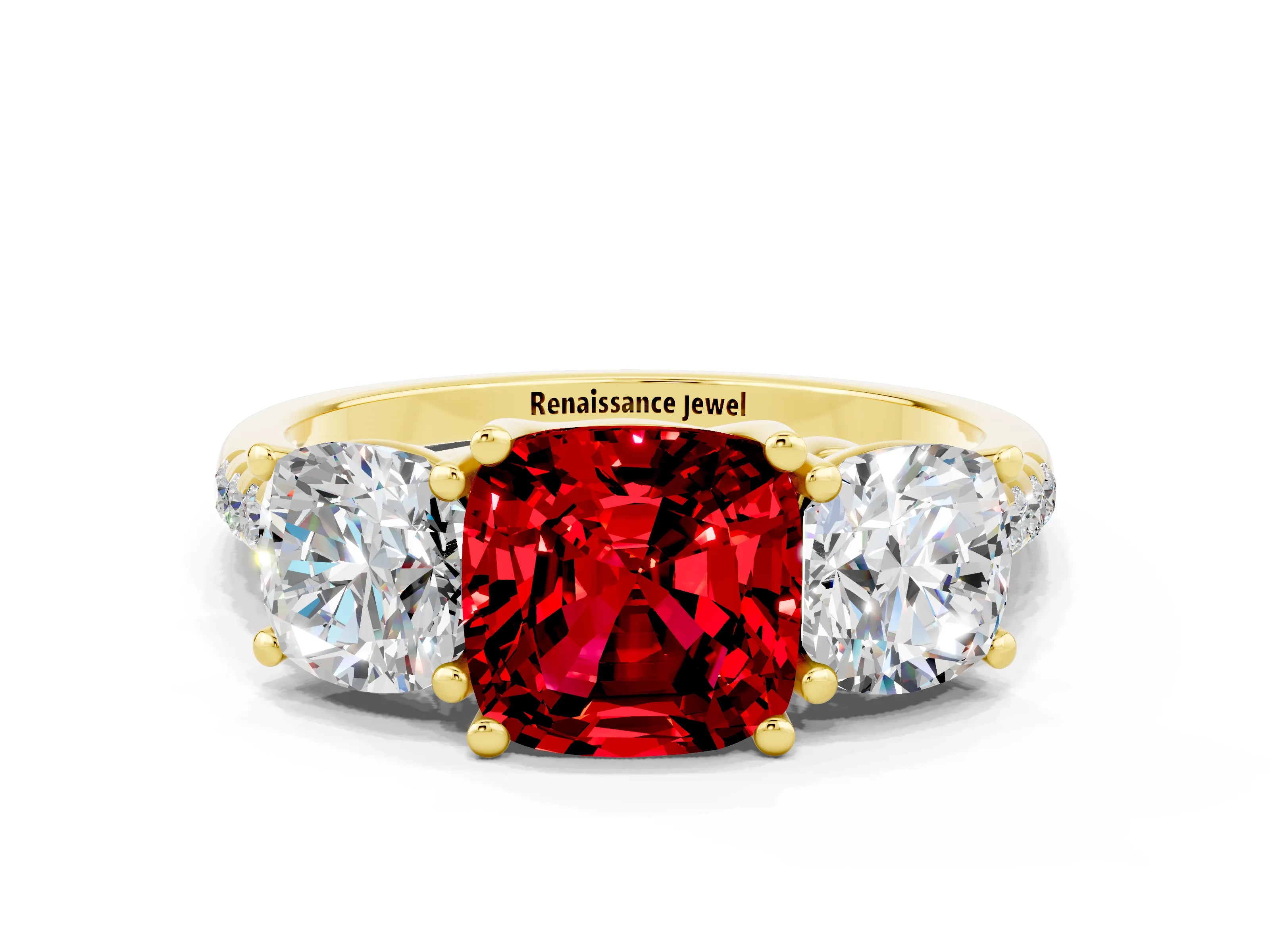 Yellow gold Three-Stone Cushion Cut Ruby Ring with Pavé Band and Prong Setting_12