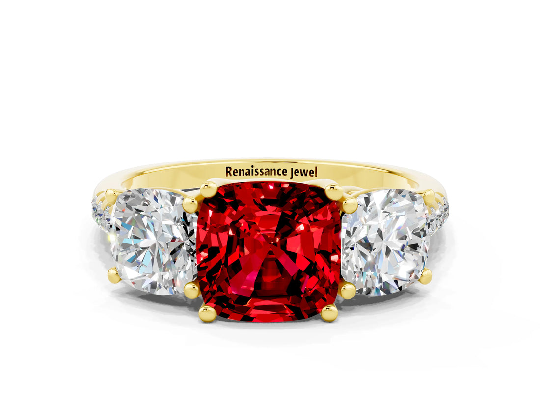 Yellow gold Three-Stone Cushion Cut Ruby Ring with Pavé Band and Prong Setting_12