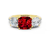 Yellow gold Three-Stone Cushion Cut Ruby Ring with Pavé Band and Prong Setting_12