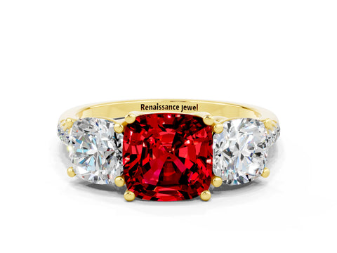 Yellow gold Three-Stone Cushion Cut Ruby Ring with Pavé Band and Prong Setting_12