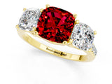 Yellow gold Three-Stone Cushion Cut Ruby Ring with Pavé Band and Prong Setting_13