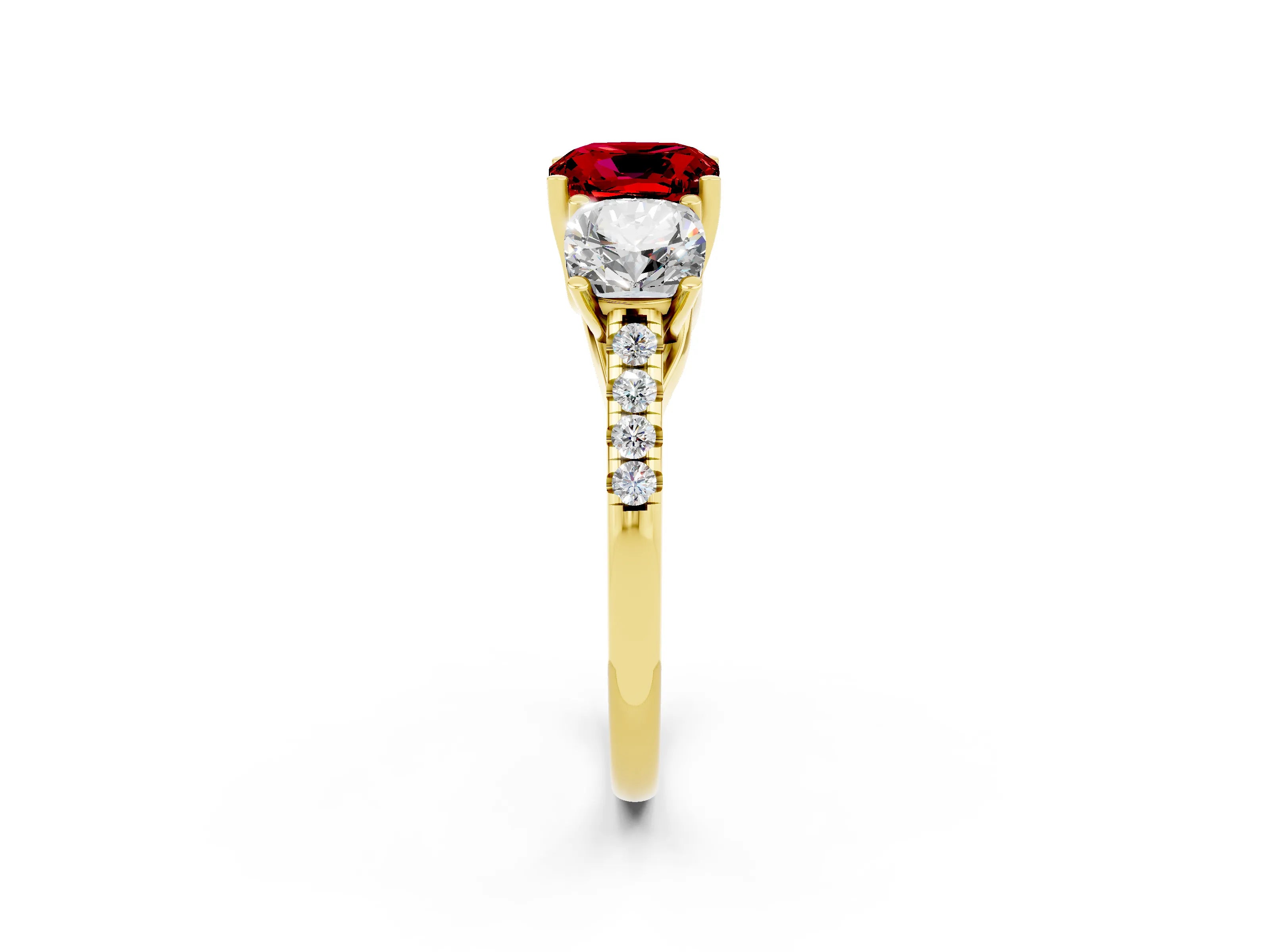 Yellow gold Three-Stone Cushion Cut Ruby Ring with Pavé Band and Prong Setting_14
