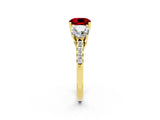 Yellow gold Three-Stone Cushion Cut Ruby Ring with Pavé Band and Prong Setting_14