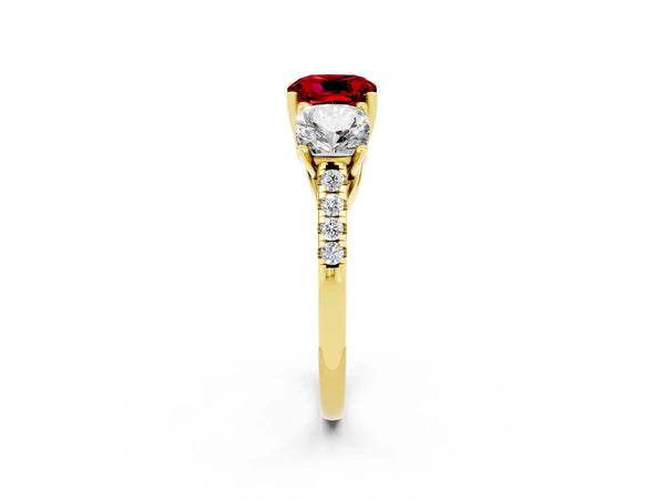 Yellow gold Three-Stone Cushion Cut Ruby Ring with Round  Pavé Band and Prong Setting