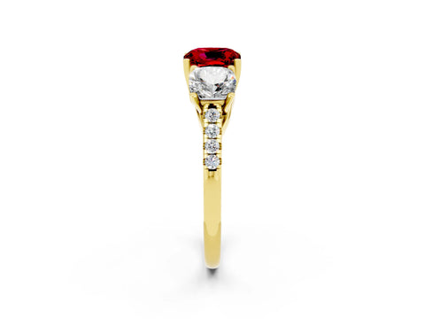 Yellow gold Three-Stone Cushion Cut Ruby Ring with Pavé Band and Prong Setting_14