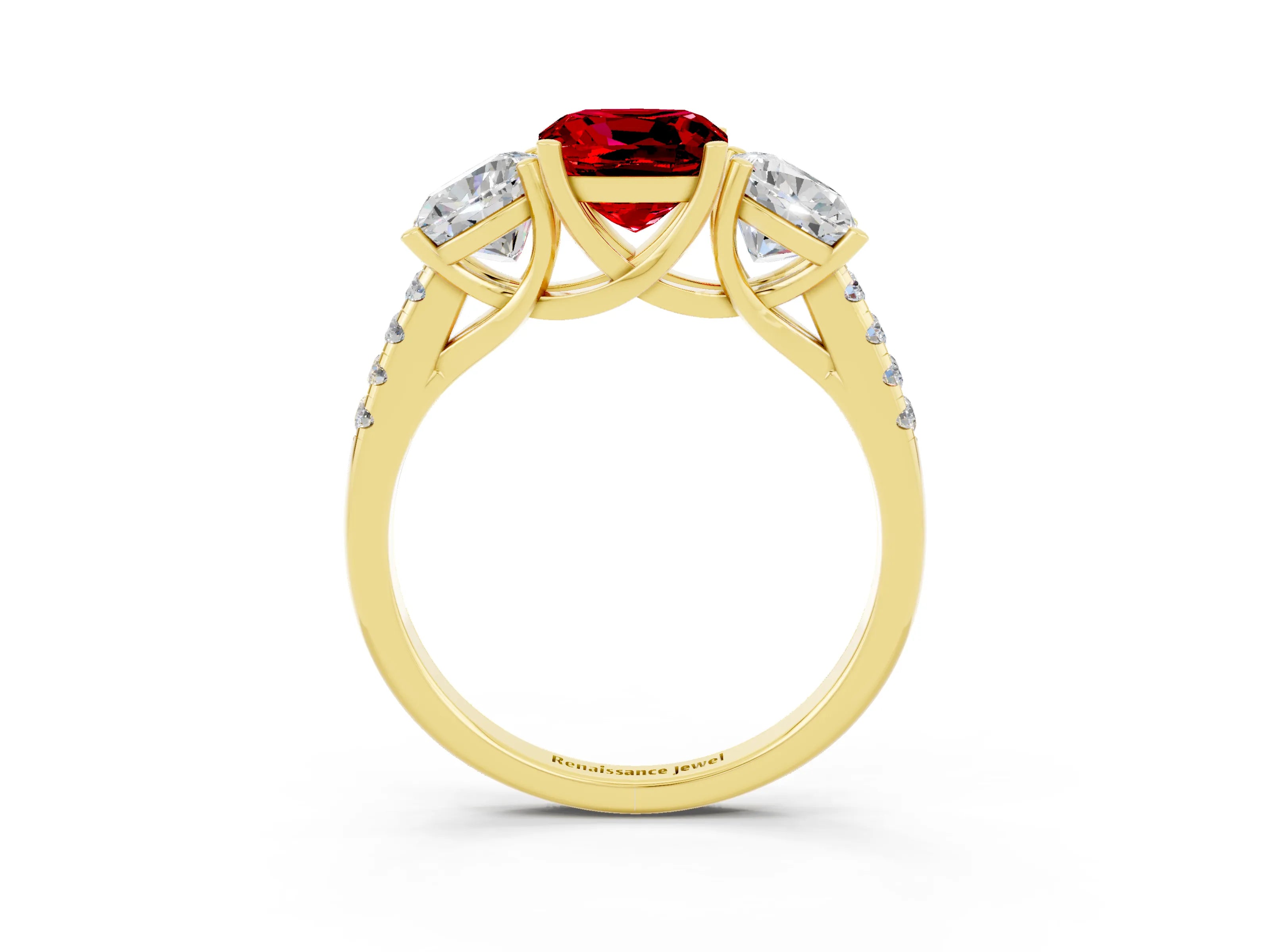 Yellow gold Three-Stone Cushion Cut Ruby Ring with Pavé Band and Prong Setting_15