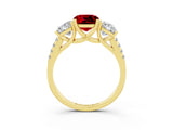 Yellow gold Three-Stone Cushion Cut Ruby Ring with Pavé Band and Prong Setting_15