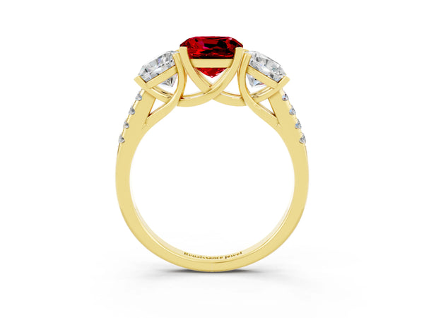 Yellow gold Three-Stone Cushion Cut Ruby Ring with Round  Pavé Band and Prong Setting