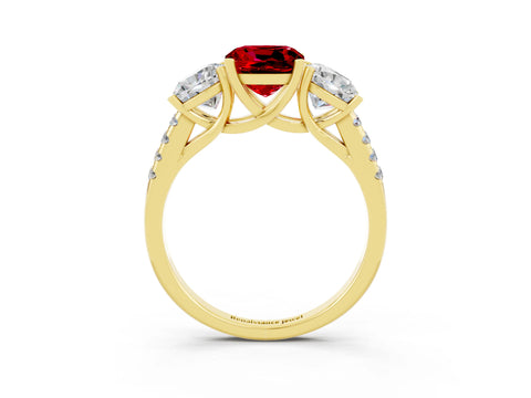 Yellow gold Three-Stone Cushion Cut Ruby Ring with Pavé Band and Prong Setting_15