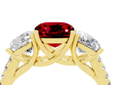 Yellow gold Three-Stone Cushion Cut Ruby Ring with Pavé Band and Prong Setting_16