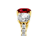 Yellow gold Three-Stone Cushion Cut Ruby Ring with Pavé Band and Prong Setting_17