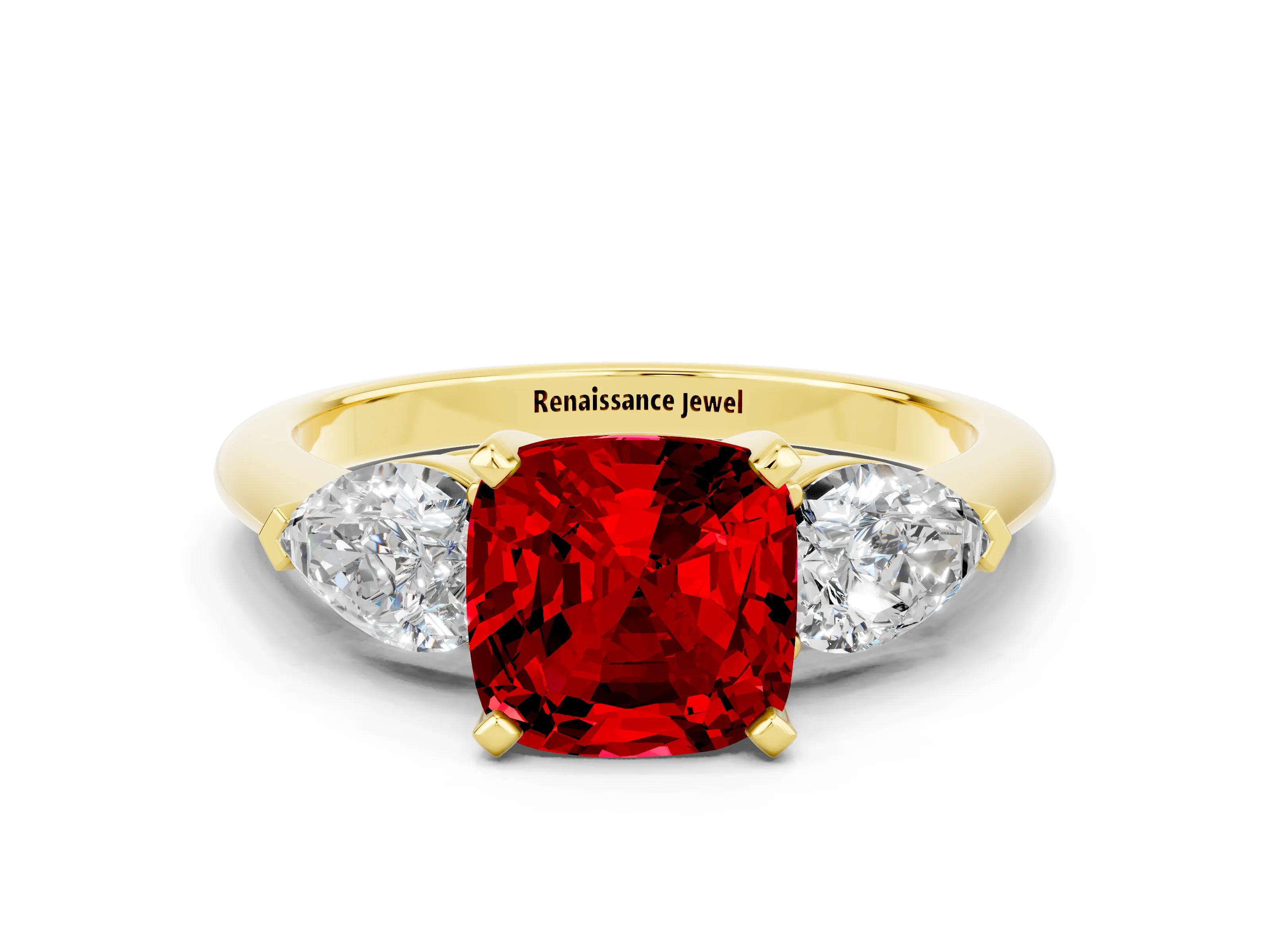 Yellow gold Three-Stone Cushion Cut Ruby Ring with Pear Side Stones and Four-Prong Setting