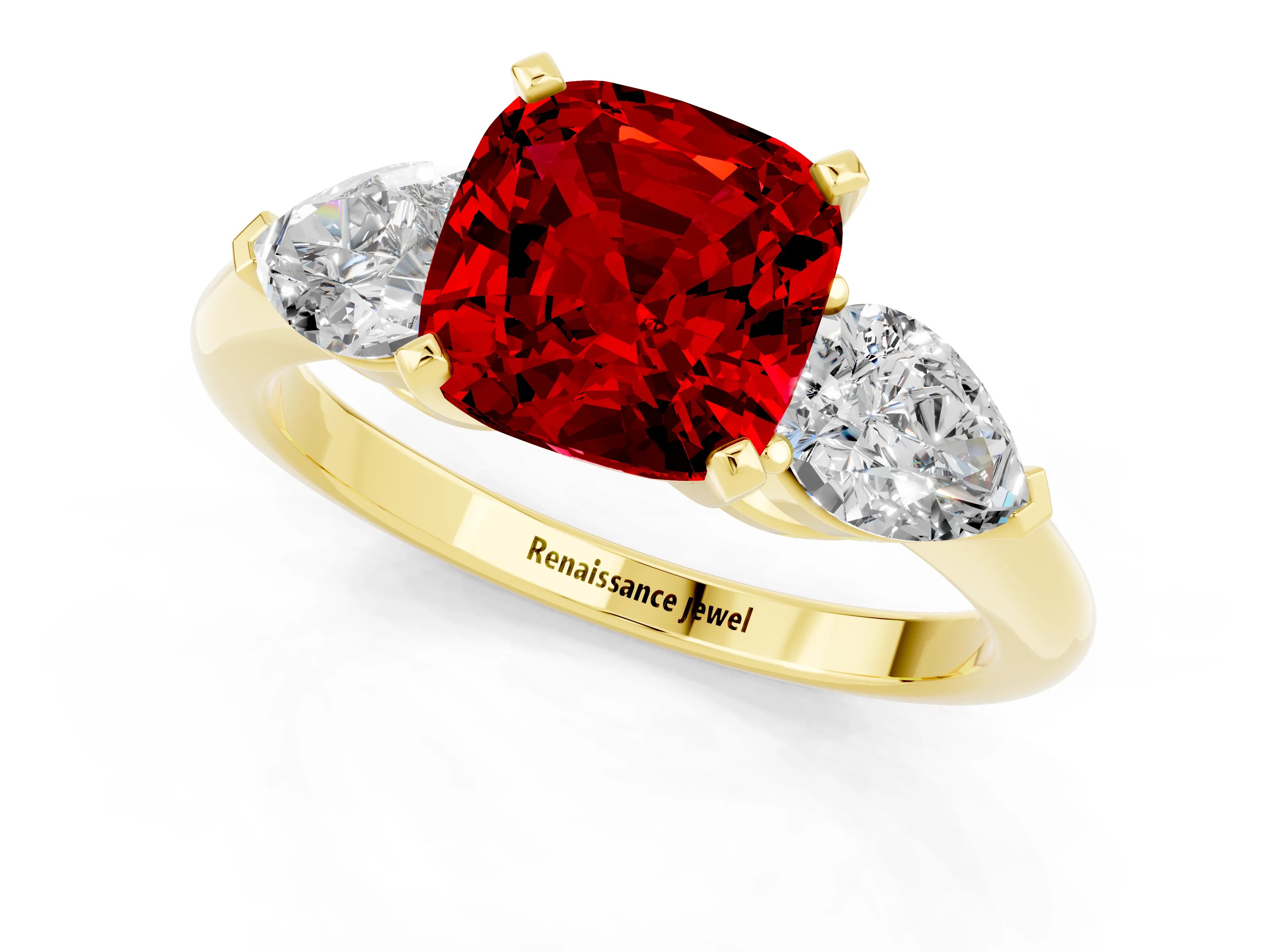 Yellow gold Three-Stone Cushion Cut Ruby Ring with Pear Side Stones and Four-Prong Setting_1