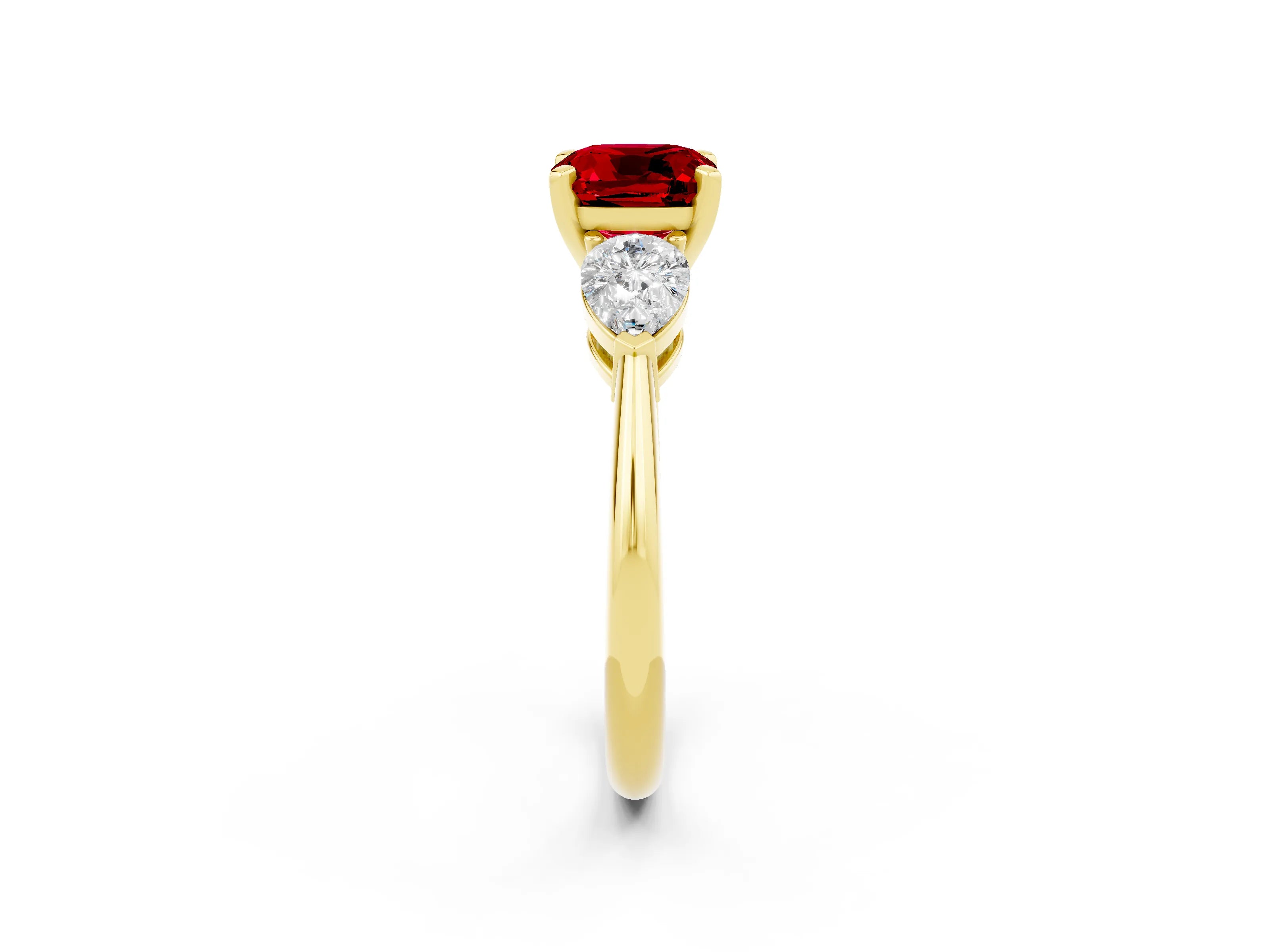 Yellow gold Three-Stone Cushion Cut Ruby Ring with Pear Side Stones and Four-Prong Setting_2