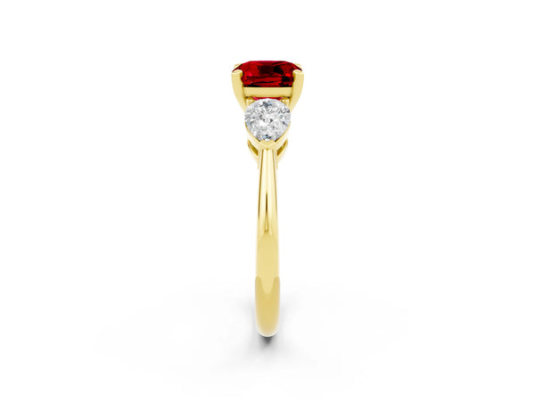 Yellow gold Three-Stone Cushion Cut Ruby Ring with Pear Side Stones and Four-Prong Setting
