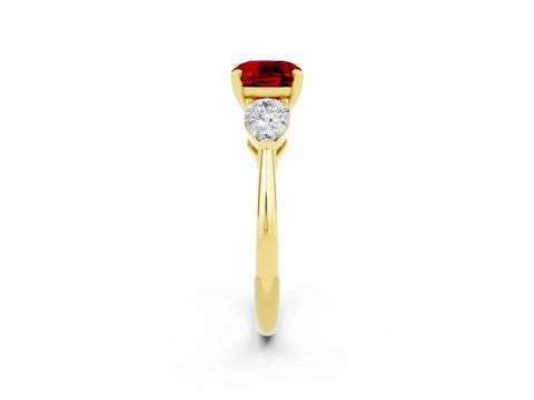 Yellow gold Three-Stone Cushion Cut Ruby Ring with Pear Side Stones and Four-Prong Setting_2