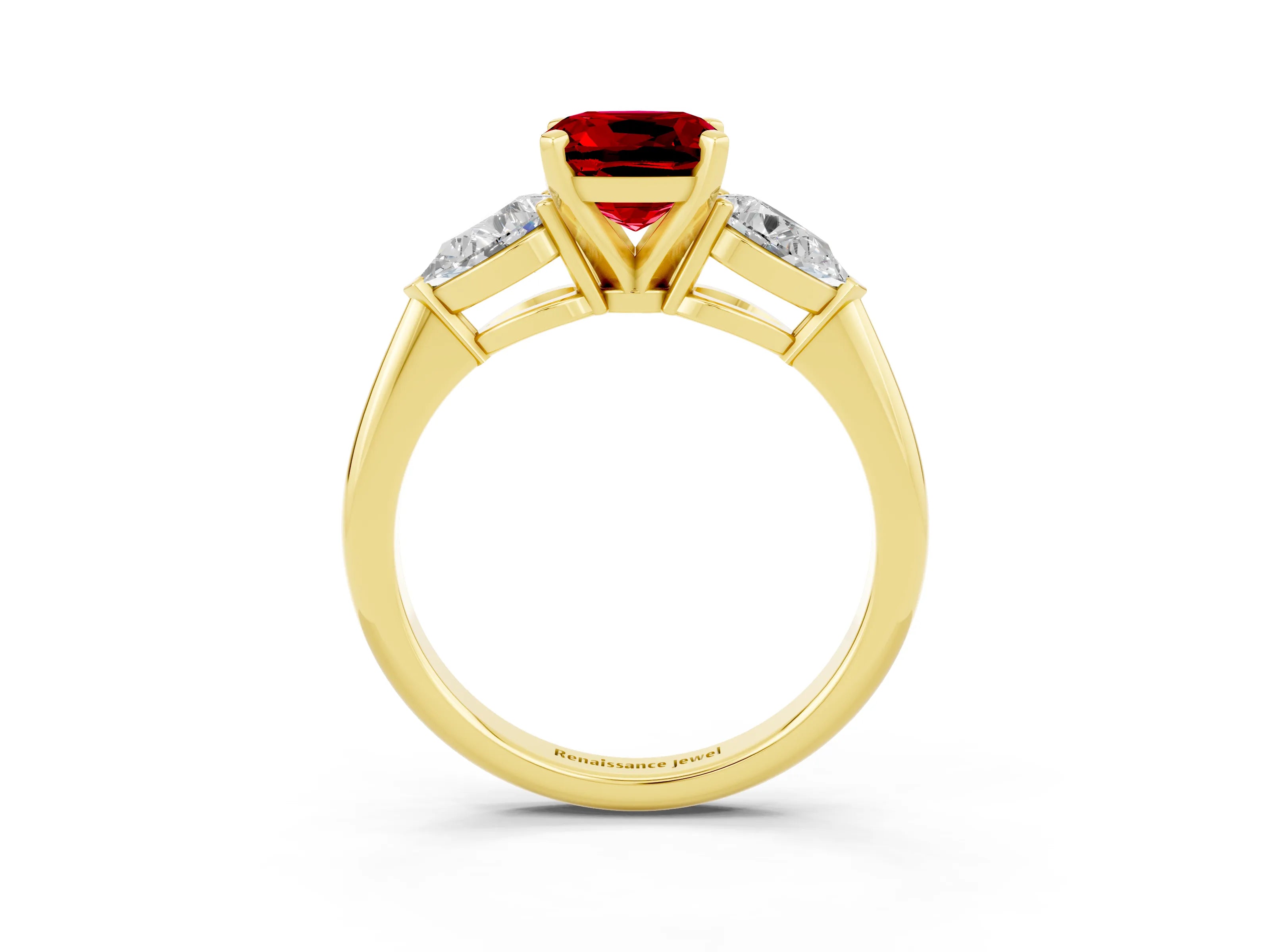 Yellow gold Three-Stone Cushion Cut Ruby Ring with Pear Side Stones and Four-Prong Setting_3