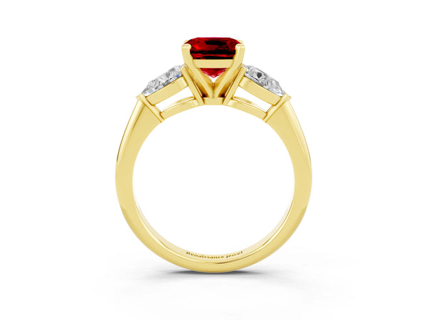 Yellow gold Three-Stone Cushion Cut Ruby Ring with Pear Side Stones and Four-Prong Setting