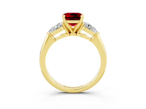 Yellow gold Three-Stone Cushion Cut Ruby Ring with Pear Side Stones and Four-Prong Setting_3